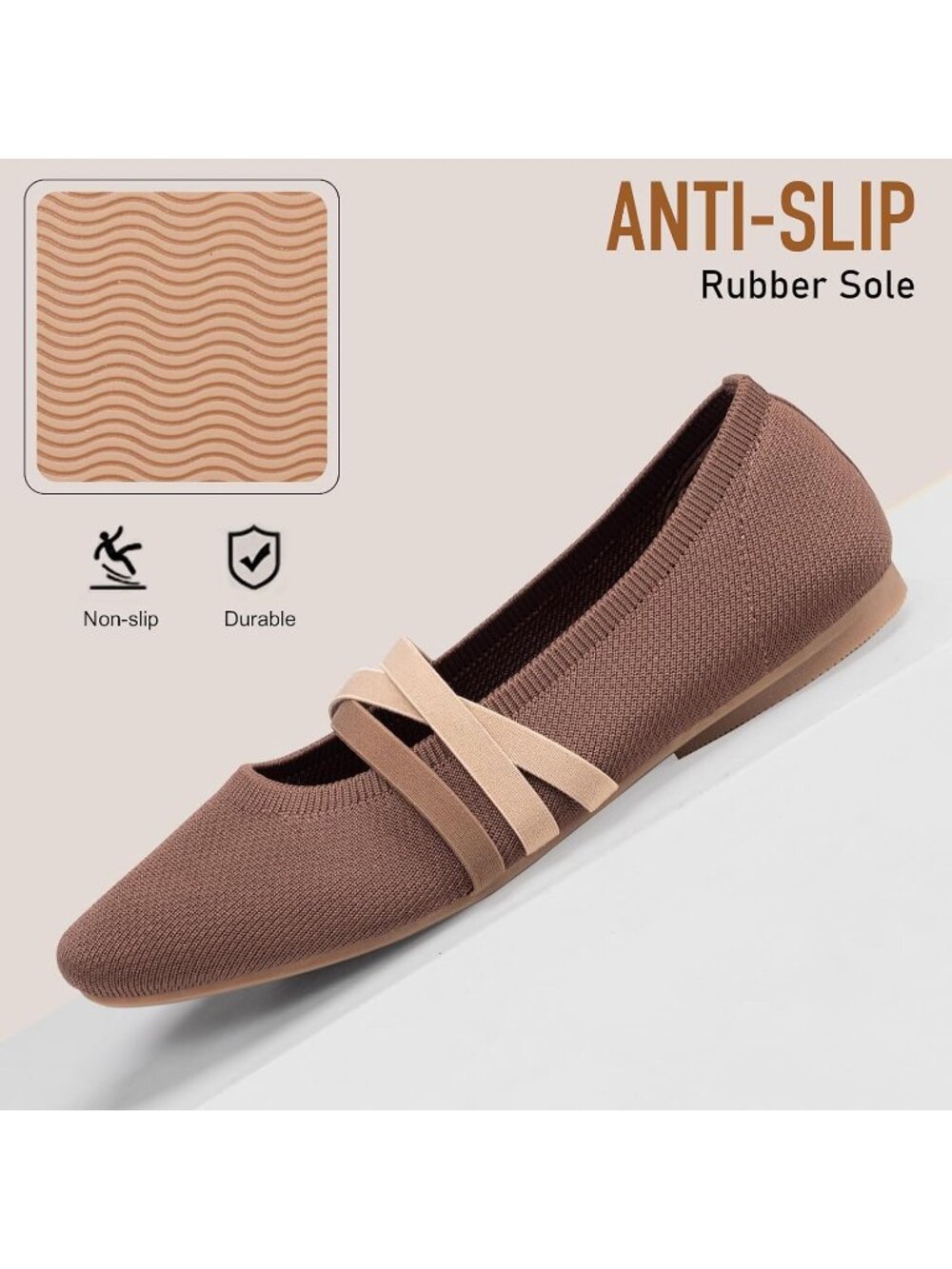 Women's Brown Knit Square Toe Ballet Flats Mary Jane Slip On Causal Shoes - Picture 5 of 7